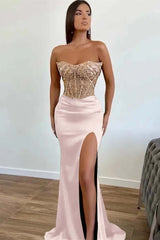 Dark Green Strapless Prom Dress Sequined Mermaid Sleeveless Formal Dress With Slit