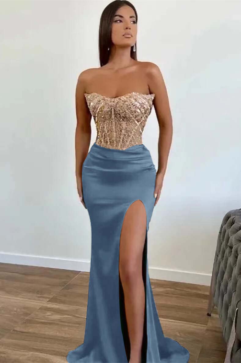 Dark Green Strapless Prom Dress Sequined Mermaid Sleeveless Formal Dress With Slit