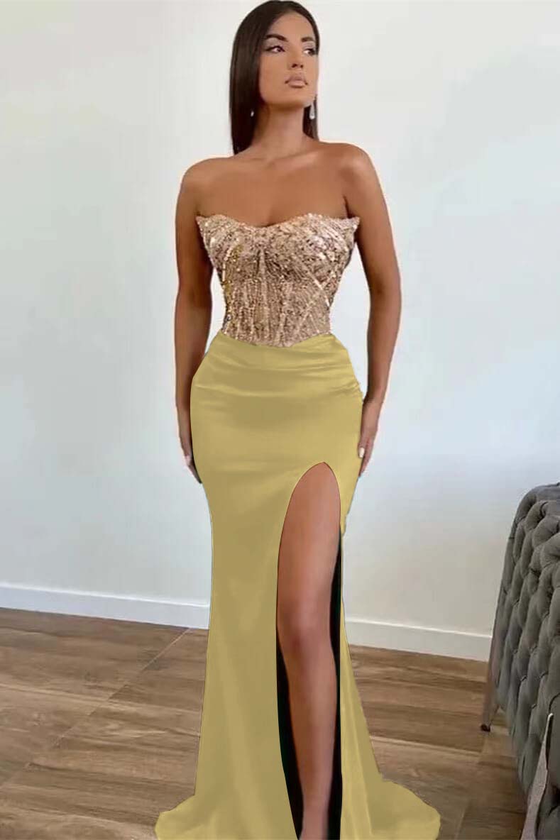 Dark Green Strapless Prom Dress Sequined Mermaid Sleeveless Formal Dress With Slit