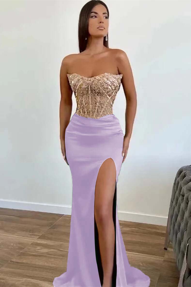 Dark Green Strapless Prom Dress Sequined Mermaid Sleeveless Formal Dress With Slit