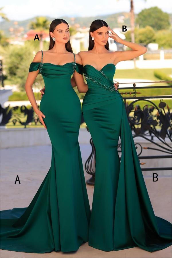 Dark Green Sweetheart Prom Dress Mermaid Beaded Satin Formal Dress