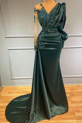 Dark Green V Neck Long Sleeve Formal Dress with Beading and Lace Appliques