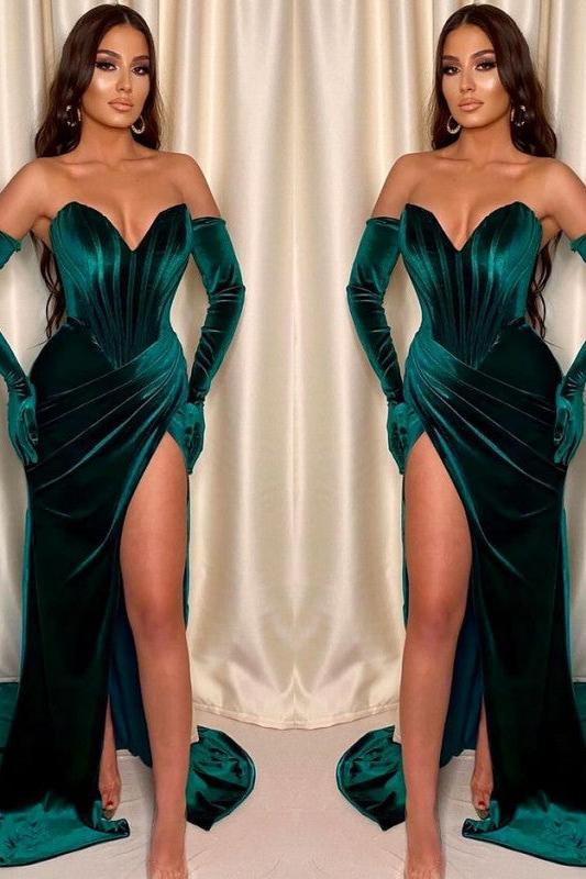 Dark Green Velvet Formal Dress Front Split V Neck Sleeveless Mermaid Evening Dress