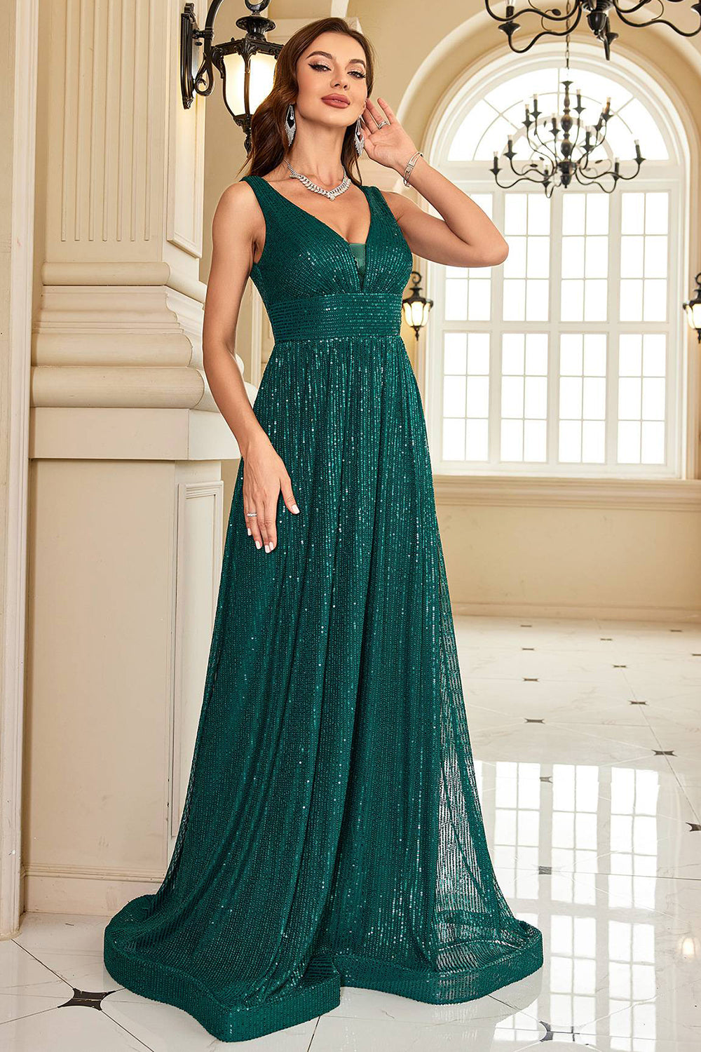 Dark Green Wedding Guest Dress Long Sequined Long Prom Dress
