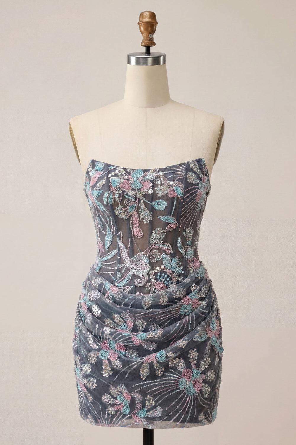 Dark Grey Floral Sparkly Draped Corset Strapless Tight Short Homecoming Dress