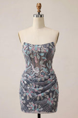 Dark Grey Floral Sparkly Draped Corset Strapless Tight Short Homecoming Dress