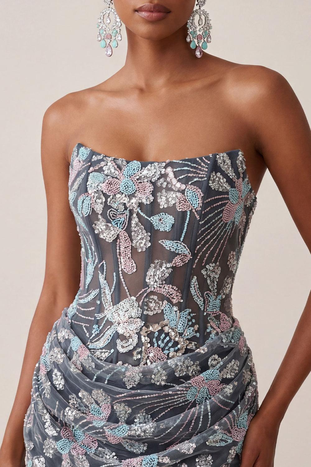 Dark Grey Floral Sparkly Draped Corset Strapless Tight Short Homecoming Dress