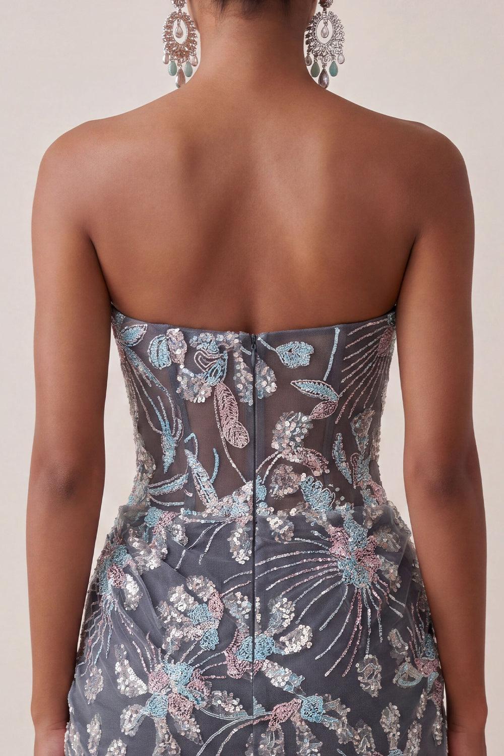 Dark Grey Floral Sparkly Draped Corset Strapless Tight Short Homecoming Dress