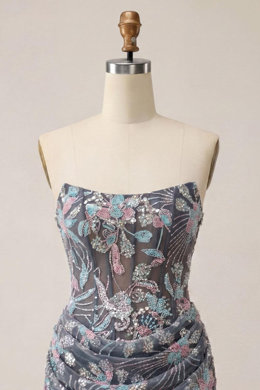 Dark Grey Floral Sparkly Draped Corset Strapless Tight Short Homecoming Dress