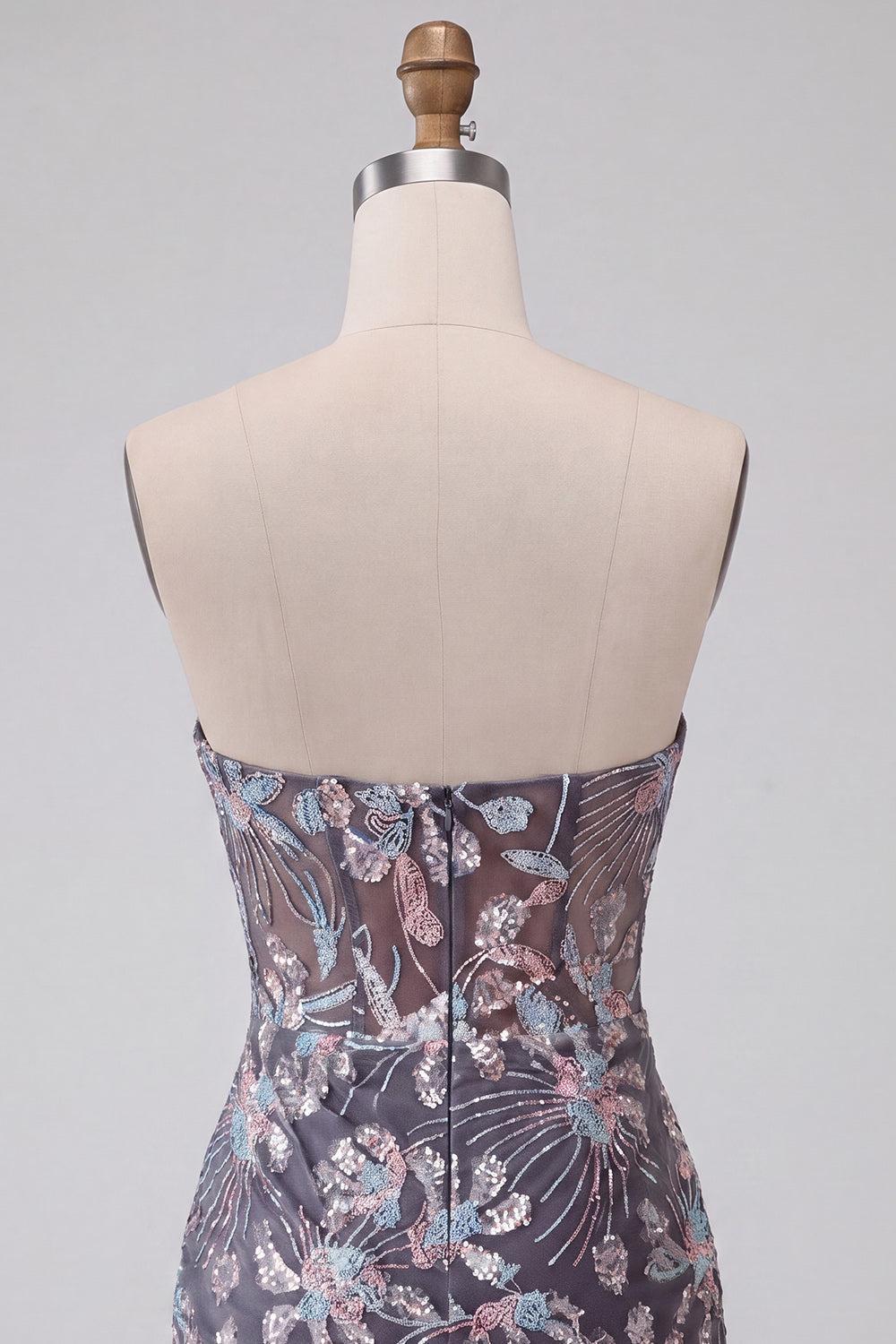 Dark Grey Floral Sparkly Draped Corset Strapless Tight Short Homecoming Dress