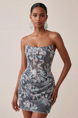 Dark Grey Floral Sparkly Draped Corset Strapless Tight Short Homecoming Dress
