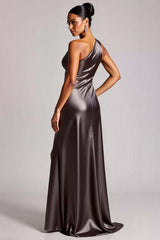 Dark Grey Formal Dress One Shoulder Long Satin Wedding Guest Dress With Slit