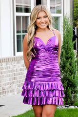 Dark Purple Homecoming Dress Spaghetti Straps Tight Metallic Tiered Prom Dress