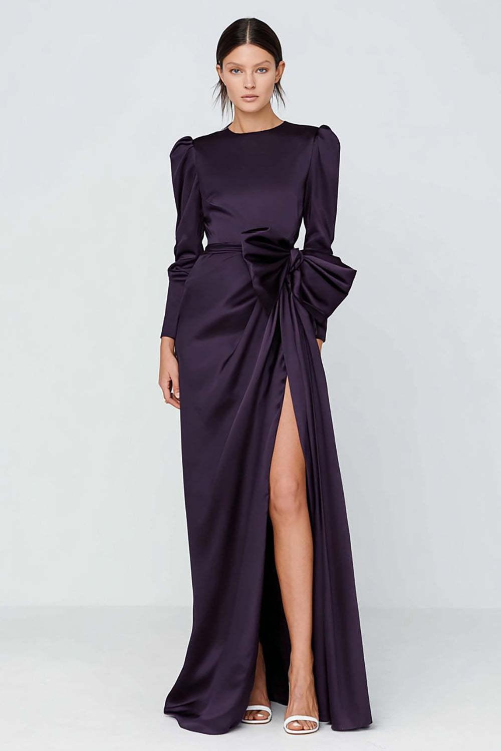 Dark Purple Sheath Ruched Crew Neck Long Sleeves Prom Dress With Slit