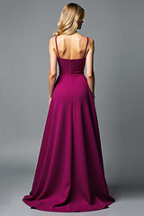 Dark Purple Wedding Guest Dress A Line V-Neck Satin Long Formal Dress With Ruffles