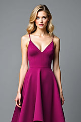Dark Purple Wedding Guest Dress A Line V-Neck Satin Long Formal Dress With Ruffles