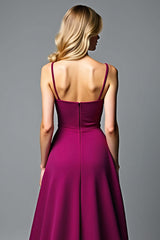 Dark Purple Wedding Guest Dress A Line V-Neck Satin Long Formal Dress With Ruffles