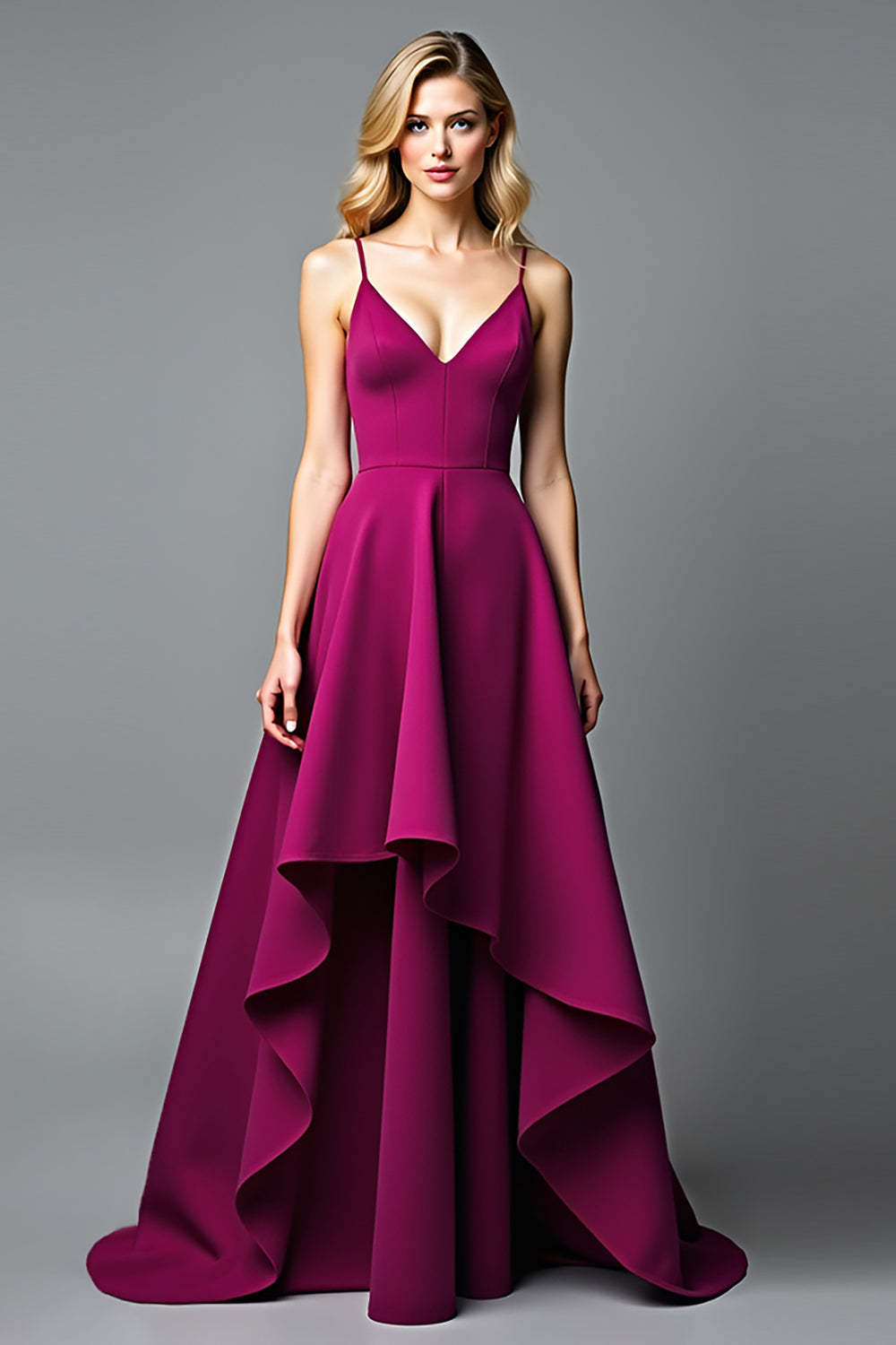 Dark Purple Wedding Guest Dress A Line V-Neck Satin Long Formal Dress With Ruffles