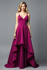 Dark Purple Wedding Guest Dress A Line V-Neck Satin Long Formal Dress With Ruffles