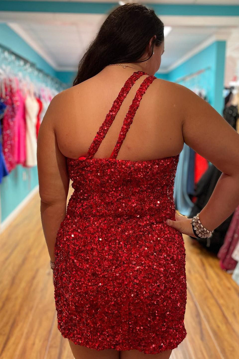 Dark Red Homecoming Dress Sequin One Shoulder Tight Short Prom Dress