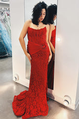 Dark Red Prom Dress Lace Corset Mermaid Formal Dress