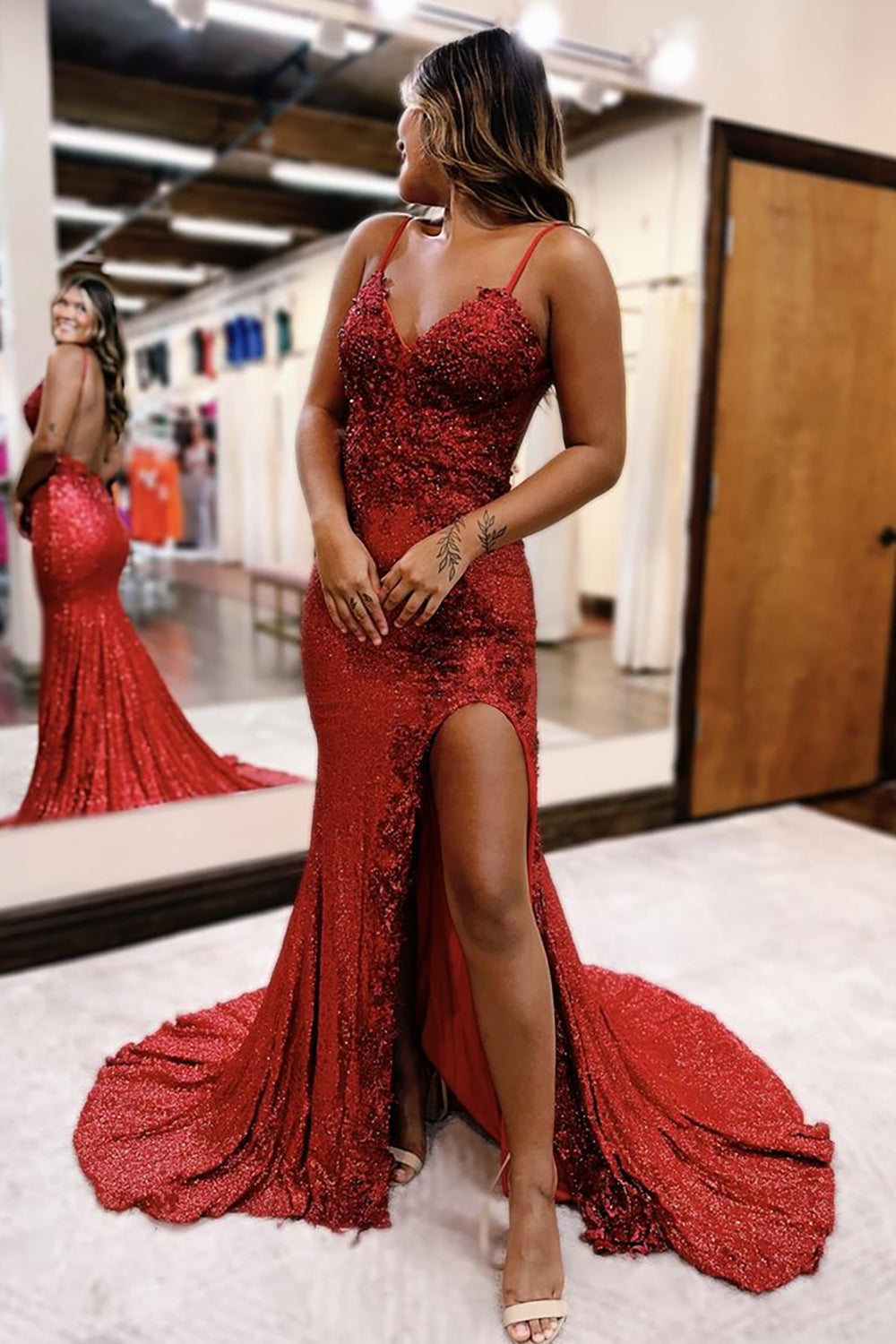 Dark Red Prom Dress Mermaid Long Lace Formal Dress With Slit