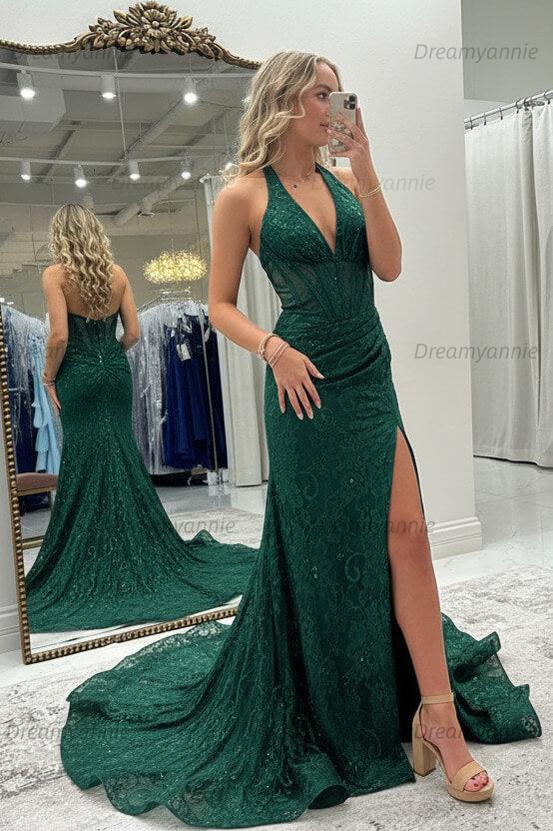 Dreamyannie Halter Pink Prom Dress Long Lace Formal Dress With Slit