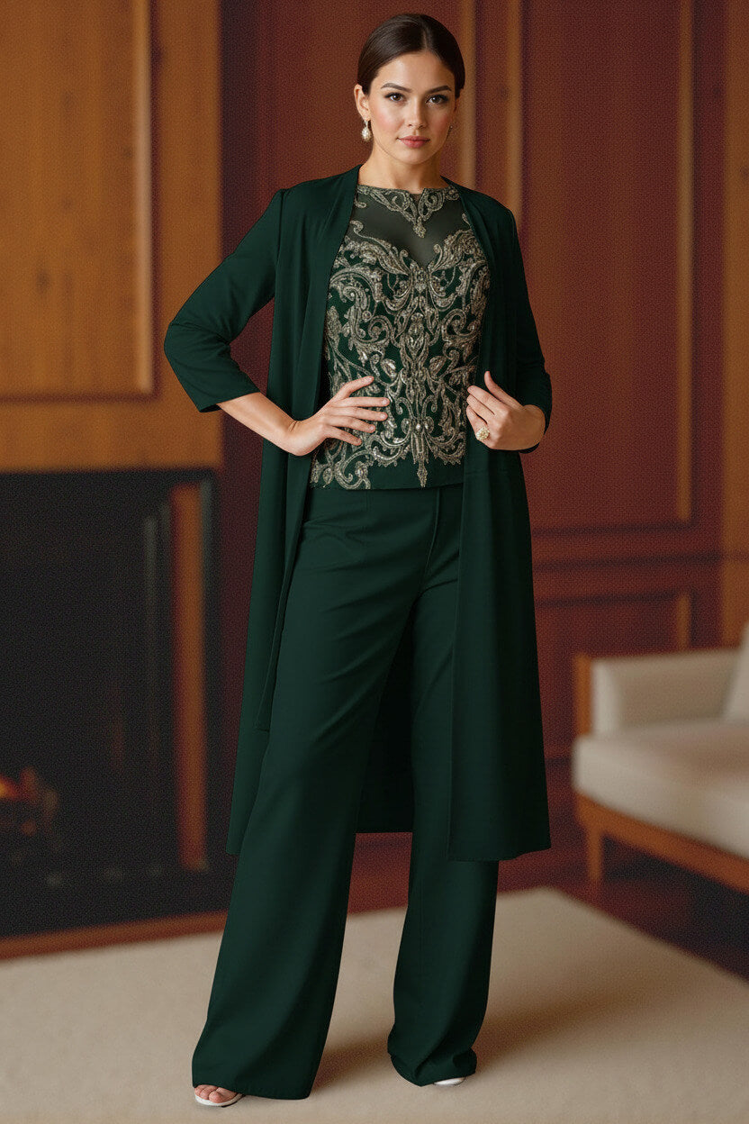 Dreamyannie Light Blue Bateau Neck Chiffon 3 Piece Mother Of The Bride Pant Suits With Jacket