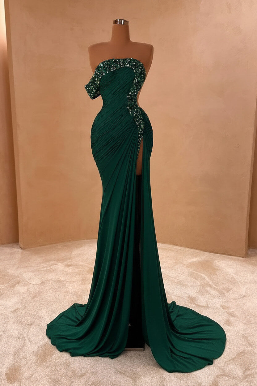 Blue Mermaid Prom Dress One Shoulder Beaded Formal Dress