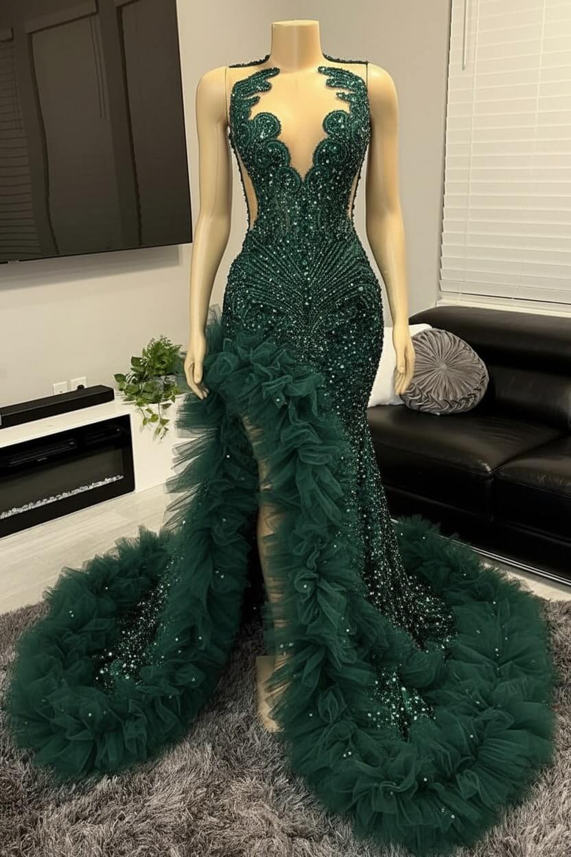 Mermaid Beaded Prom Dress Tulle Ruffles Sequined Formal Dress