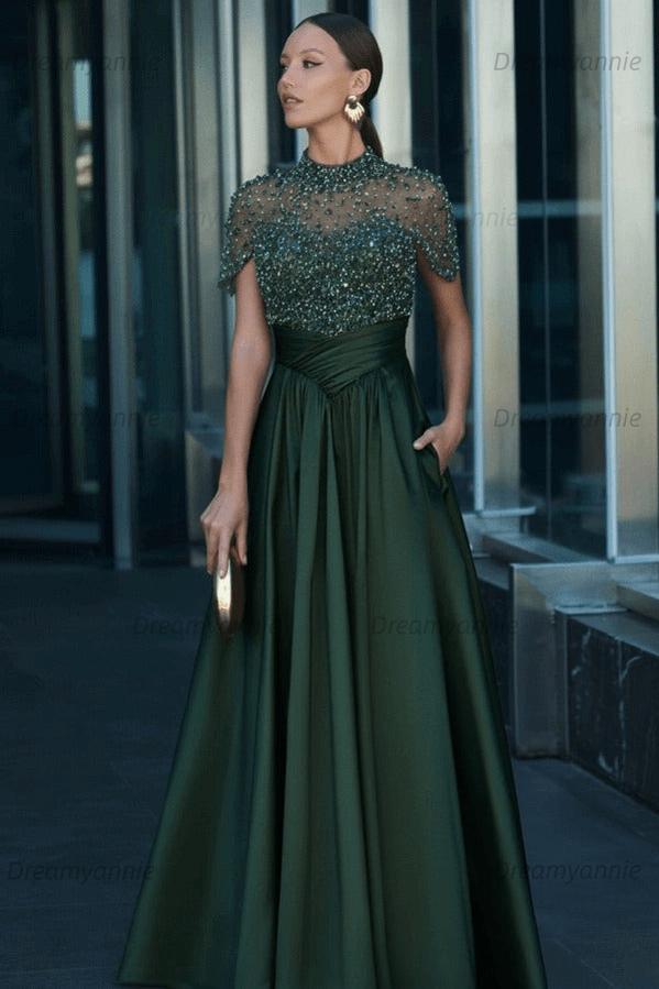 Green A Line Prom Dress Short Sleeve High Neck Beaded Formal Dress