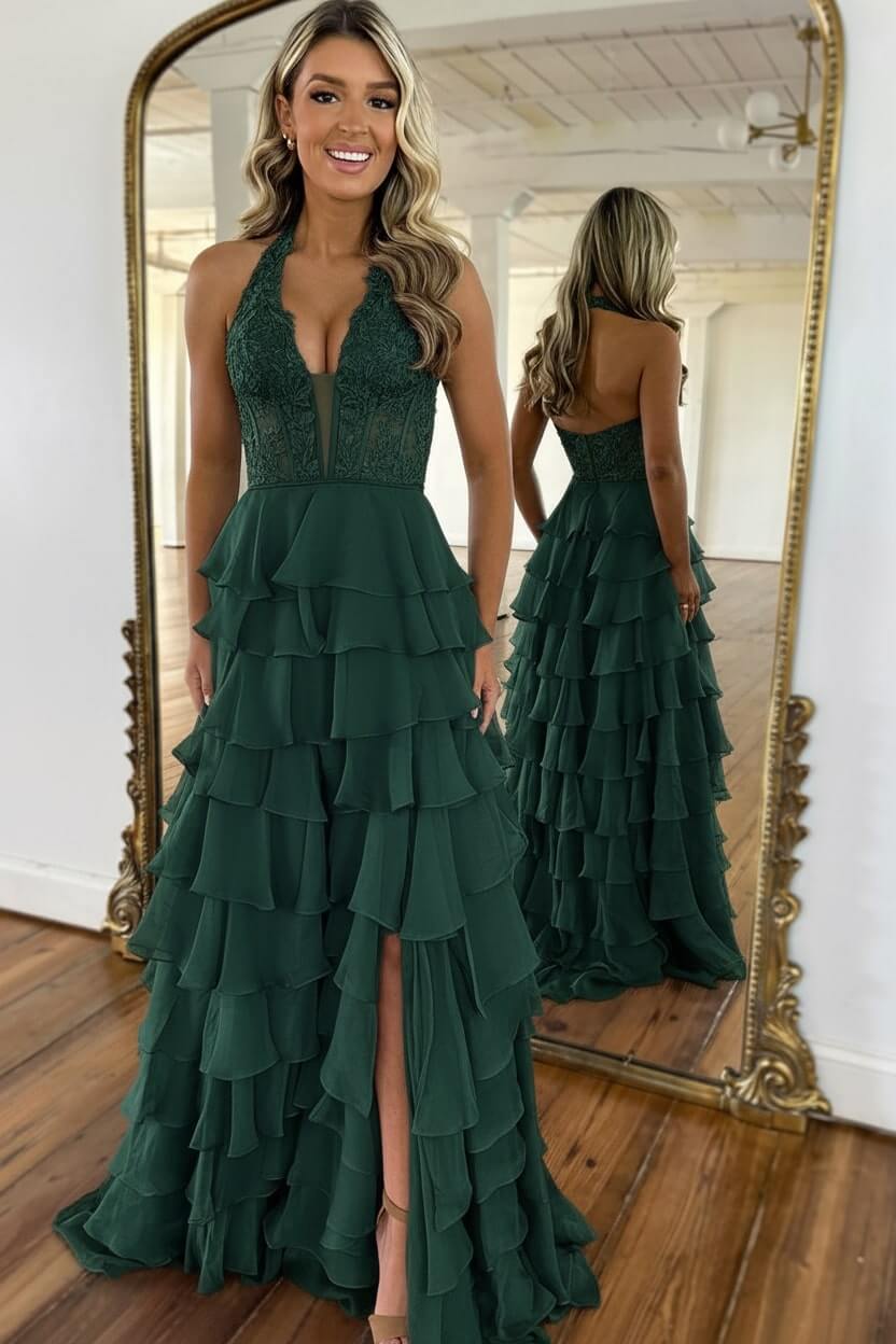 Dreamyannie Sky Blue Prom Dress Ruffled Halter Corset Formal Dress With Slit