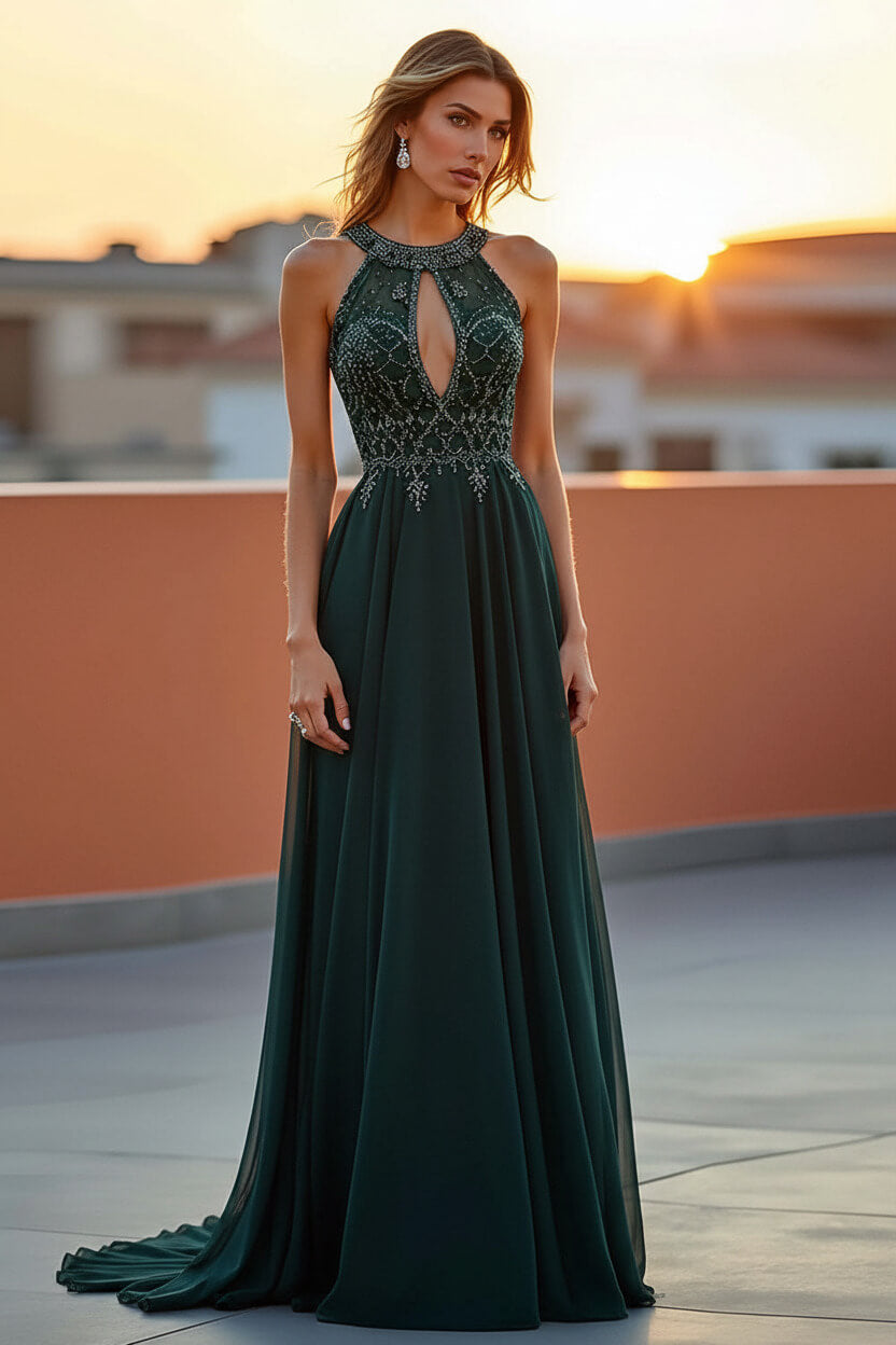 Dreamyannie Beaded Navy Wedding Guest Dress Halter Long Formal Dress With Embroideries