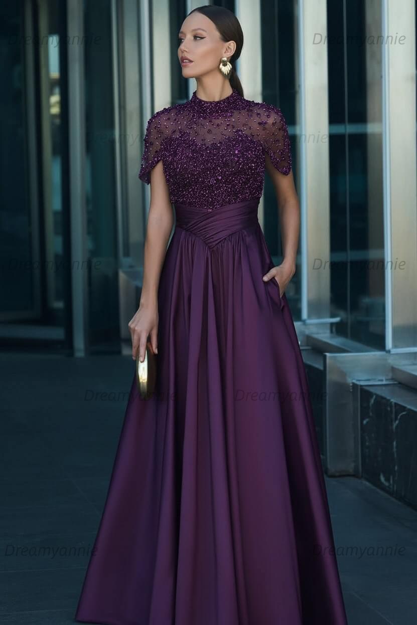 Green A Line Prom Dress Short Sleeve High Neck Beaded Formal Dress