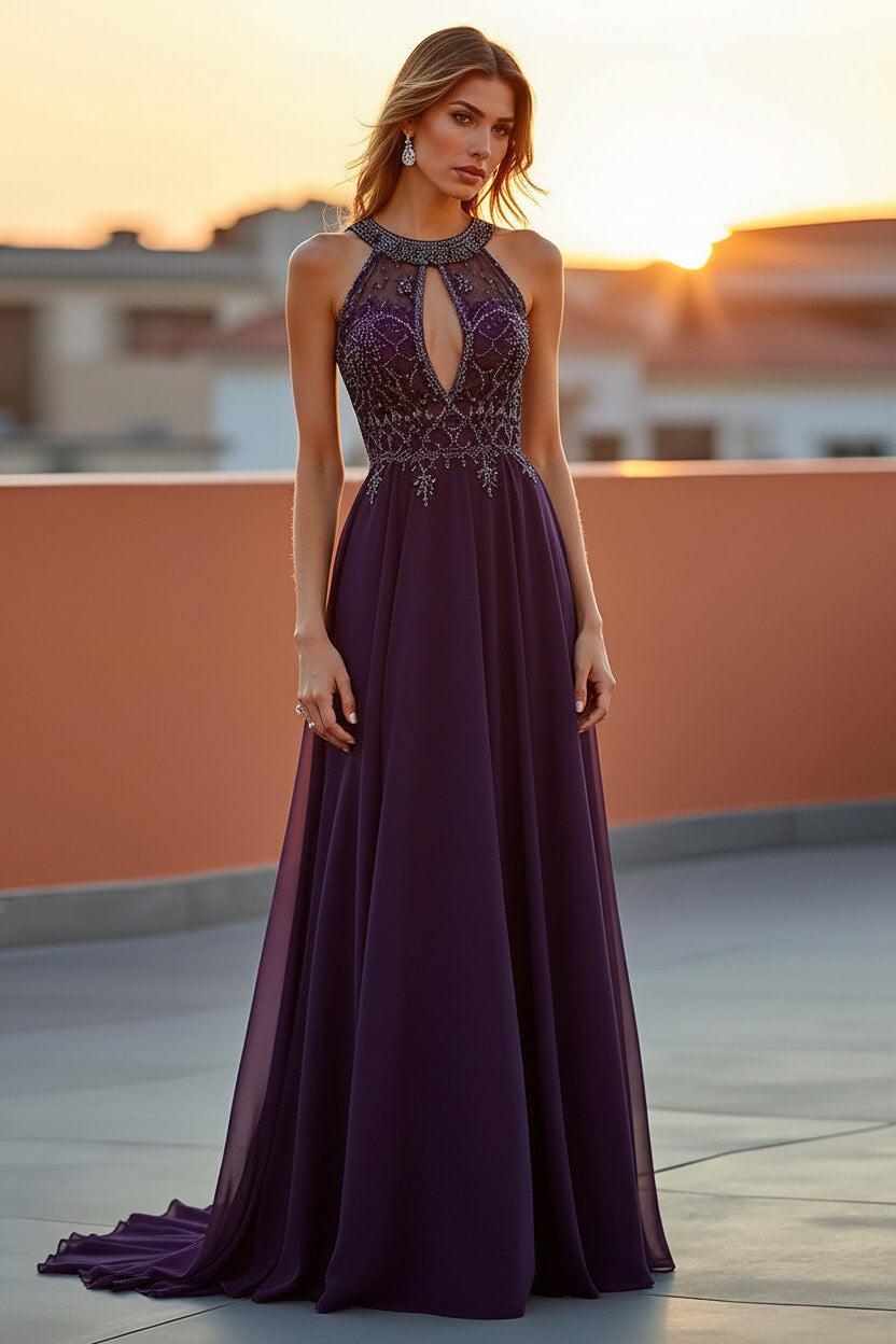 Dreamyannie Beaded Navy Wedding Guest Dress Halter Long Formal Dress With Embroideries