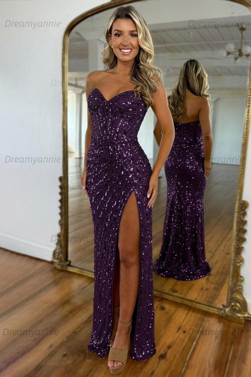 Sweetheart Mermaid Sequined Prom Dress With High Slit Skirt Formal Evening Gown