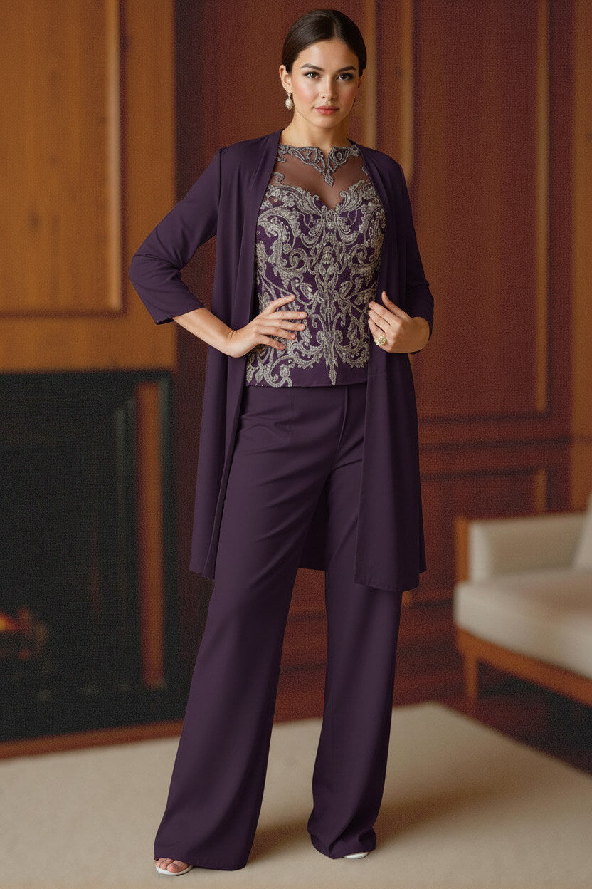 Dreamyannie Light Blue Bateau Neck Chiffon 3 Piece Mother Of The Bride Pant Suits With Jacket