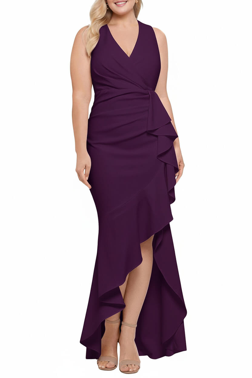 V Neck Sleeveless Plus Size Long Sheath Column Mother of the Bride Dresses with Ruffles