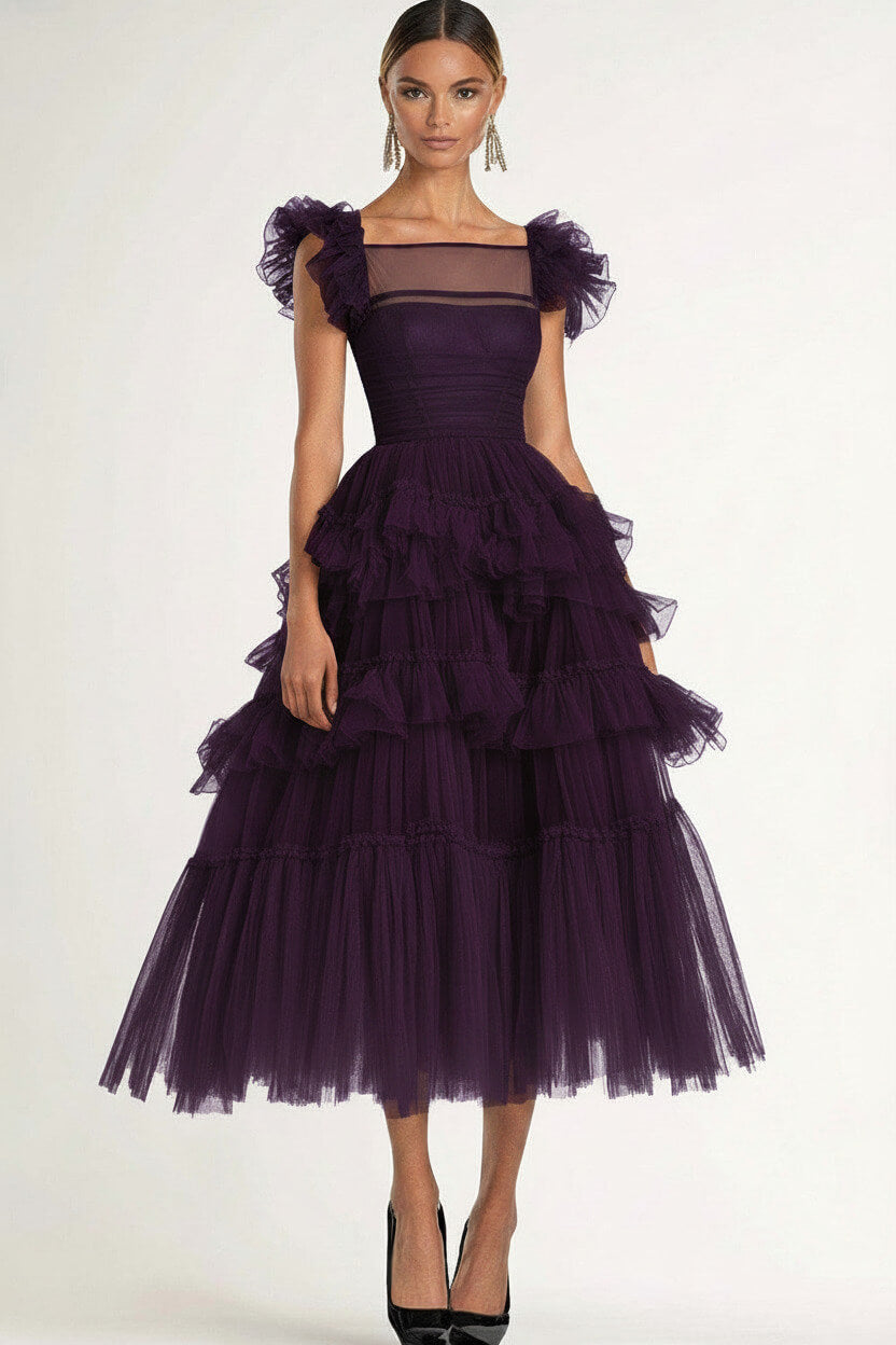 Dreamyannie Tea Length Black Wedding Guest Dress A-Line Flatter Sleeves Tulle Formal Dress With Ruffles