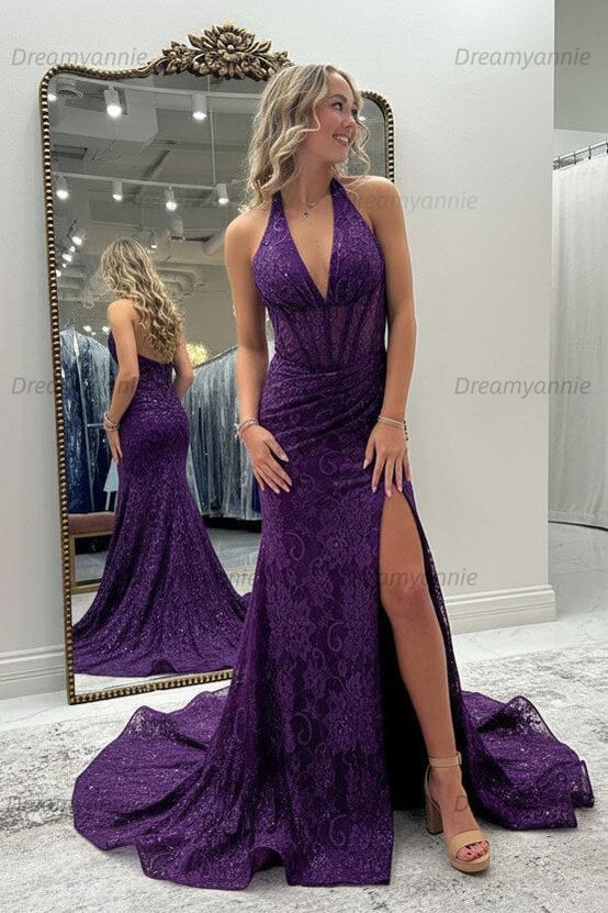 Dreamyannie Halter Pink Prom Dress Long Lace Formal Dress With Slit