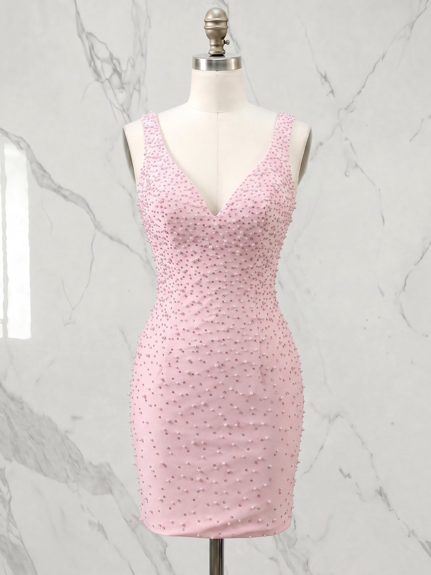 Deep V-Neck Allover Pearl Embellished Bodycon Homecoming Dresses Mini Cocktail Dress