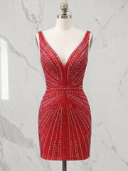 Deep V-Neck Allover Rhinestone Starburst Bodycon Homecoming Dresses Mini Cocktail Dress