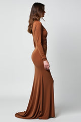 Deep V-Neck Caramel Sheath Long Gala Dress With Long Sleeves