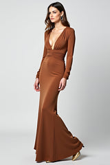 Deep V-Neck Caramel Sheath Long Gala Dress With Long Sleeves