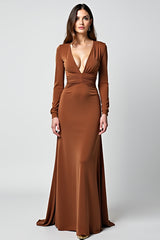 Deep V-Neck Caramel Sheath Long Gala Dress With Long Sleeves