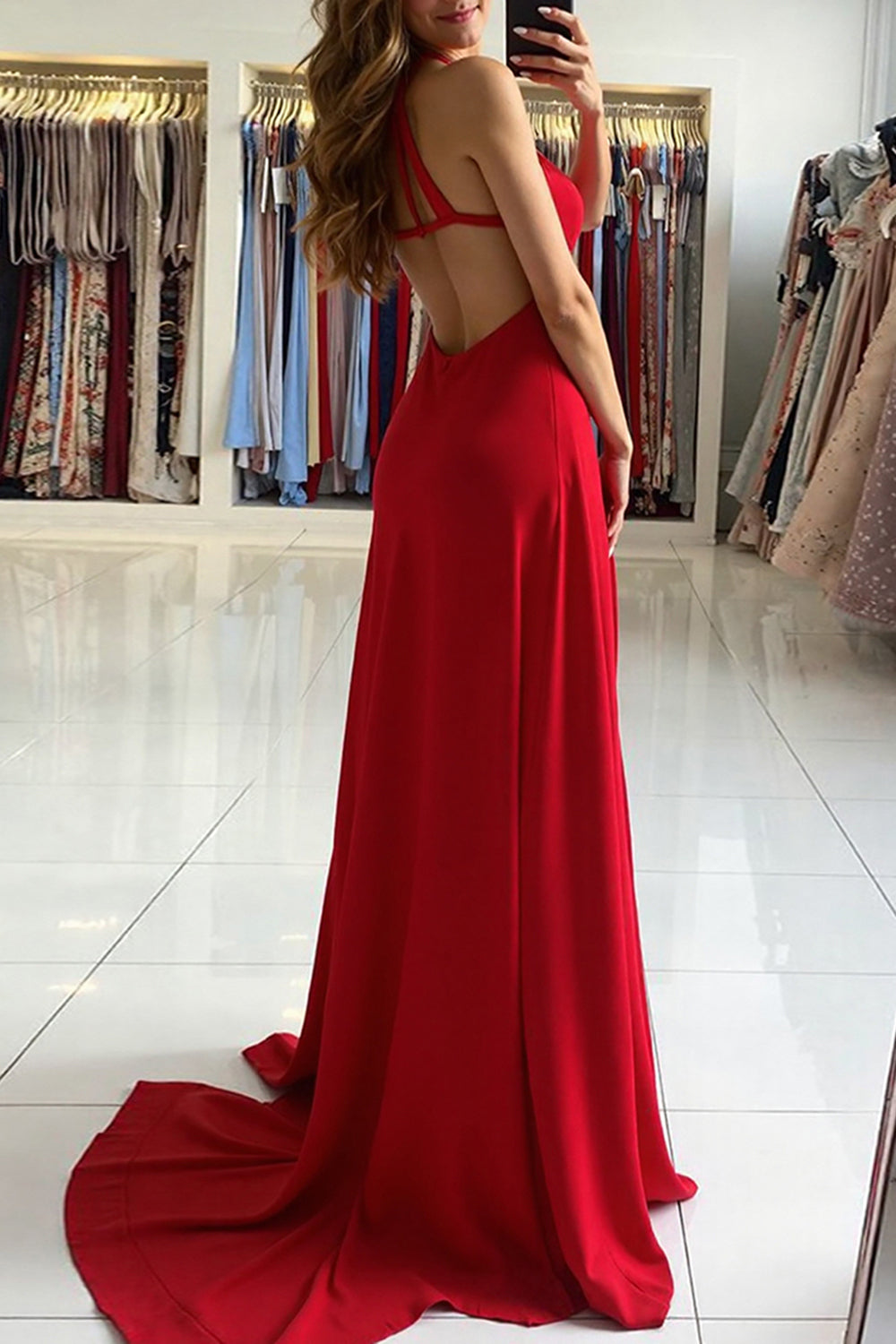 Deep V-Neck Red Prom Dress A Line Long Formal Dress With Slit