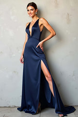 Deep V-Neck Satin Navy Wedding Guest Dress Long Formal Dress With Slit