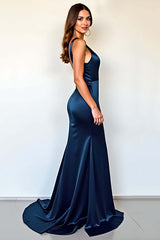 Deep V-Neck Satin Navy Wedding Guest Dress Long Formal Dress With Slit