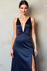 Deep V-Neck Satin Navy Wedding Guest Dress Long Formal Dress With Slit