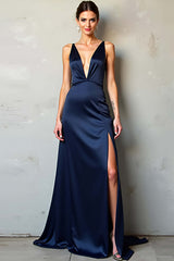 Deep V-Neck Satin Navy Wedding Guest Dress Long Formal Dress With Slit